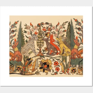 FOREST ANIMALS ,LEOPARD, JACKALS, RABBITS AMONG FLOWERS AND LEAVES Posters and Art